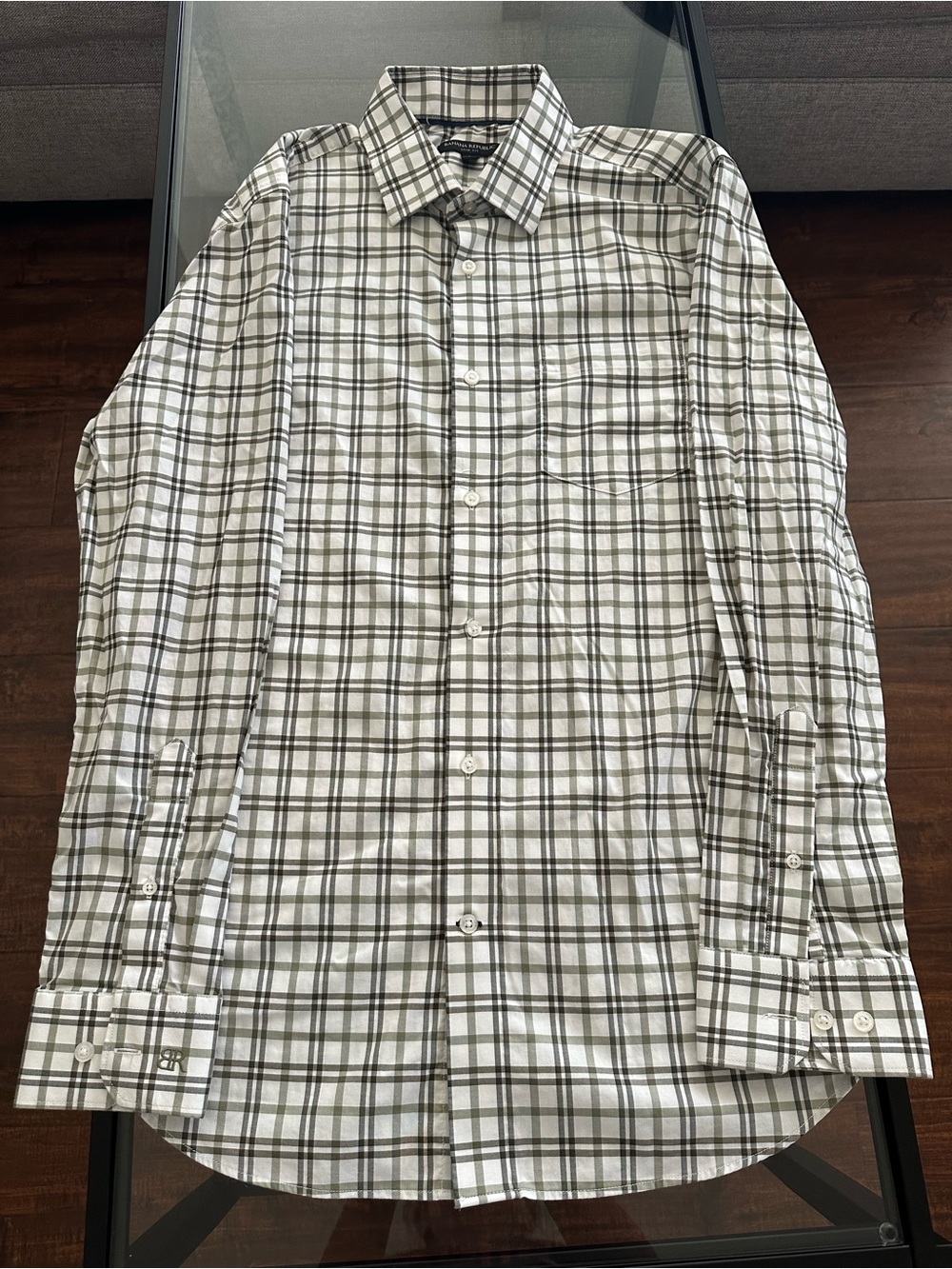 Banana Republic Men's Plaid Dress Shirt - White and Olive Green
